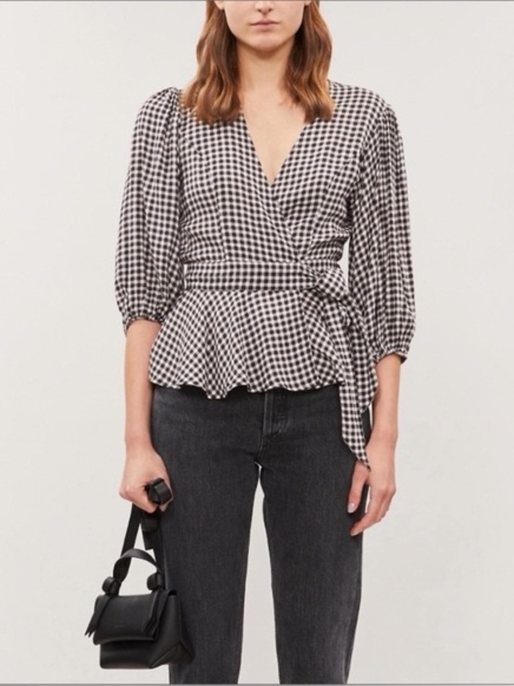 GANNI Black White Gingham Check Wrap Top Blouse Puff Sleeve EU 40 US 8